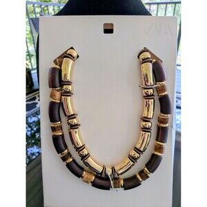 ZARA Necklaces Women's Pack Of 2 Combined Wood Golden Metal Layer Maximalist NEW